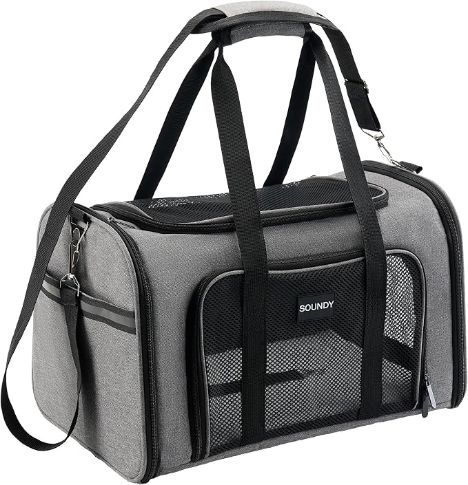 Soundy Large Cat Carrier Dog Carrier Under 25 Lbs,Collapsible Ventilated Portable Pet Bag with Soft Sided Breathable Mesh for Long Car Trips Maxi Load 2 Kittens or Small, Medium Dog (Large Grey) by Soundy