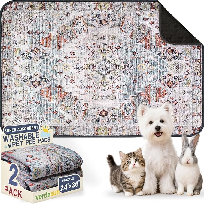Washable Pee Pads for Dogs 24"x36" 2 Pack Reusable Puppy Potty Pad | Super Absorbent Waterproof NonSlip LeakProof Crate&Playpen Floor Mat for Cats, Rabbits, Guinea Pigs, Whelping & Housebreaking by Verdasun