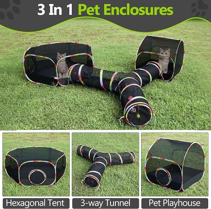 Outdoor Cat Enclosure, 3-in-1 Portable Pop Up Cat Mesh Tent with Tunnel for Cat Run, Easy Set Up and Foldable Catio Playground for Indoor Cats, Rabbits & Small Animals, Includes Storage Bag - Image 3
