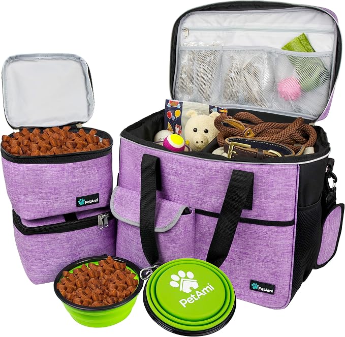 PetAmi Dog Travel Bag Organizer, Pet Supplies Tote Diaper Bag, Purple Large | Pet Travel Kit with 2 Food Containers & 2 Collapsible Dog Bowls, Luggage Sleeve, Weekend Getaway Road Trip Camping Essentials by PetAmi