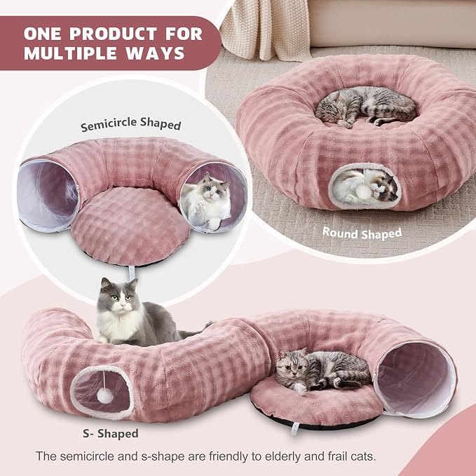 Bubble Round Cat Tunnel for Indoor Cats, Dusty Pink | Peekaboo Cave Toy with Dangling Balls, Donut Tunnel Bed with Circle Mat for Puppy Kitten Rabbit - Image 2
