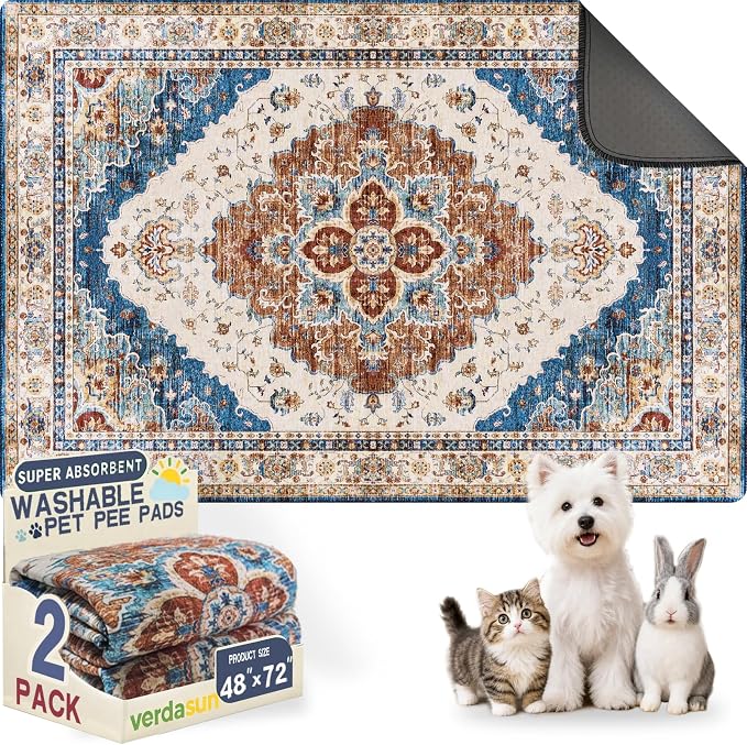 Washable Pee Pads for Dogs, Reusable Puppy Potty Training Pads, Ultra-Absorbent Thick Waterproof Leak-Proof Non-Slip Pads & Mat for Crate, Playpen, Floor, Whelping & Housebreaking , 2 Pack 48"x72" by Verdasun