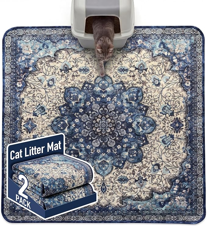 Hompet Cat Litter Mat 2 Pack, 54x54 Large Machine Washable Trapping Mats for Cats, Super Absorbent & Urine-Proof Cat Litter Box Mat for Floor, Waterproof & Non Slip Kitty Litter Rug by Hompet