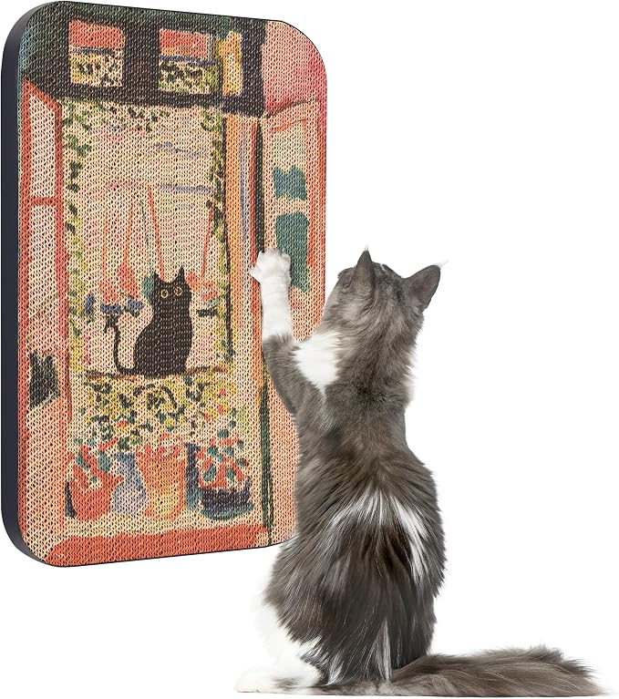 Cat Wall Scratcher, Art Cat Scratching Board for Indoor Cats | Wall Mounted Cat Scratch Pad, Water-Based Ink, Hook&Loop Strips, Floor or Wall Use, 16.7x11x1 Inch, The Open Window by LESISSMER