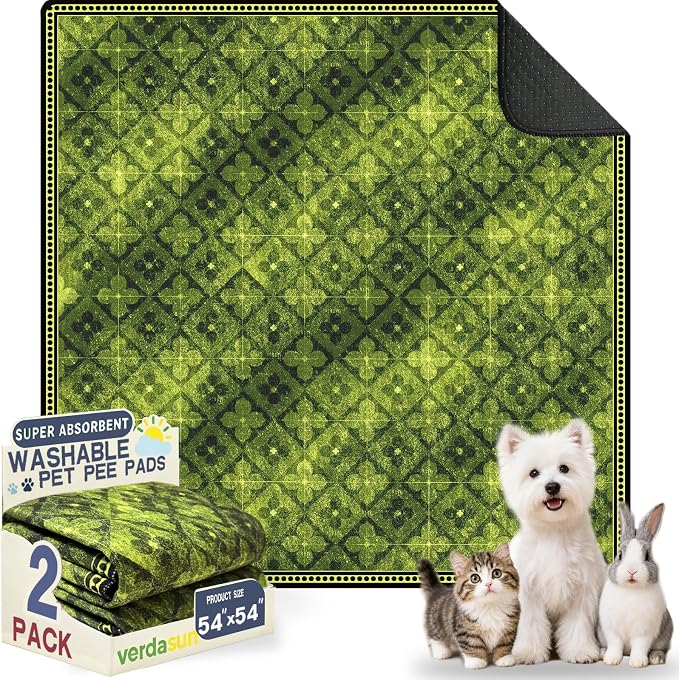 Washable Pee Pads for Dogs, Reusable Puppy Potty Training Pads, Ultra-Absorbent Thick Waterproof Leak-Proof Non-Slip Pads & Mat for Crate, Playpen, Floor, Whelping & Housebreaking , 2 Pack 54"x54" by Verdasun