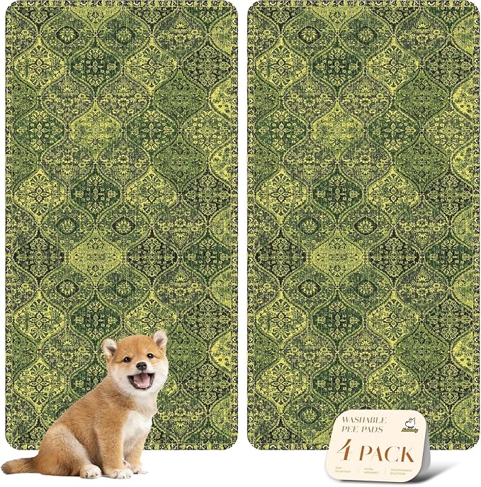nunubaby 4PACK Washable Pee Pads for Dogs, Stylish, Non-Slip and Leak-Proof Pee Pads. Reusable Potty Pads for Dogs for Crates and Floors.(Green/Multi,24" x48" ) by Nunubaby