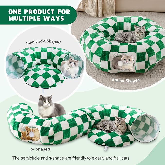 Cute Round Cat Tunnel for Indoor Cats, Green/White | Peekaboo Cat Cave with Dangling Balls, Checkered Pet Donut Tunnel Bed with Circle Mat for Puppy Kitten Rabbit - Image 2
