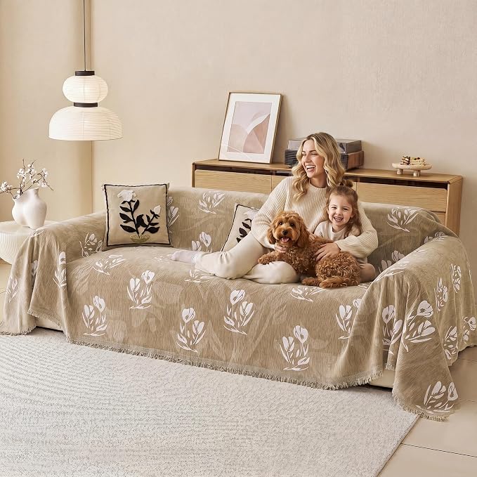 Couch Cover for Dogs Washable Sofa Cover, Sectional Couch Covers, Sofa Covers for 2 Cushion Couch, Non Slip Stripe Sofa Slipcovers Furniture Protector (Floral ‌Light Coffee 91x134) - Image 9