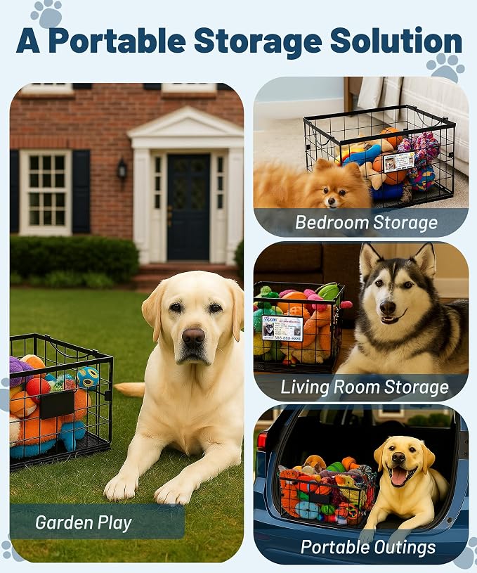 Dog Toy Basket, Dog Toy Storage Bin for Pet, Medium Toy Box for Dogs, Metal Storage Box with Handles, Toy Organizer Holder Boxes for Living Room (Black) - Image 6