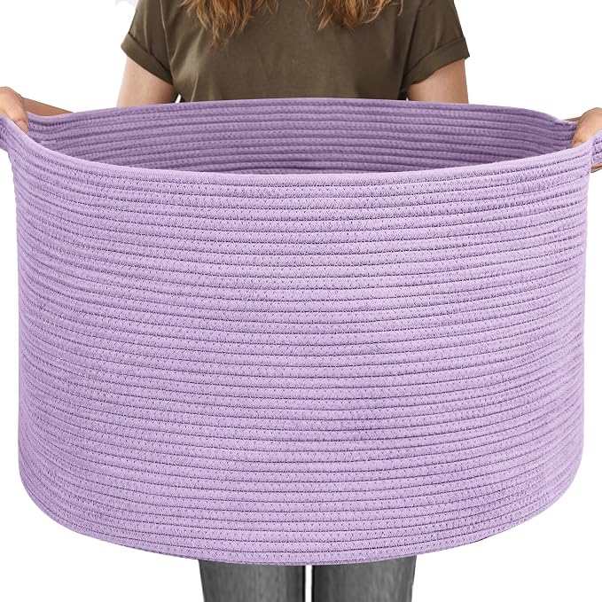 MEGASKET 115L Extra Large Purple Storage Basket, 23.6" X 15.7" Jumbo Woven Cotton Rope Bin for Throw Blankets Pillows, Baby Laundry Basket, Dirty Clothes Organizer, Big Storage Box for Toys, Towels by MEGASKET