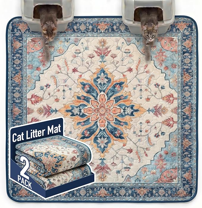 Hompet Cat Litter Mat 2 Pack, 72x72 Large Machine Washable Trapping Mats for Cats, Super Absorbent & Urine-Proof Cat Litter Box Mat for Floor, Waterproof & Non Slip Kitty Litter Rug by Hompet