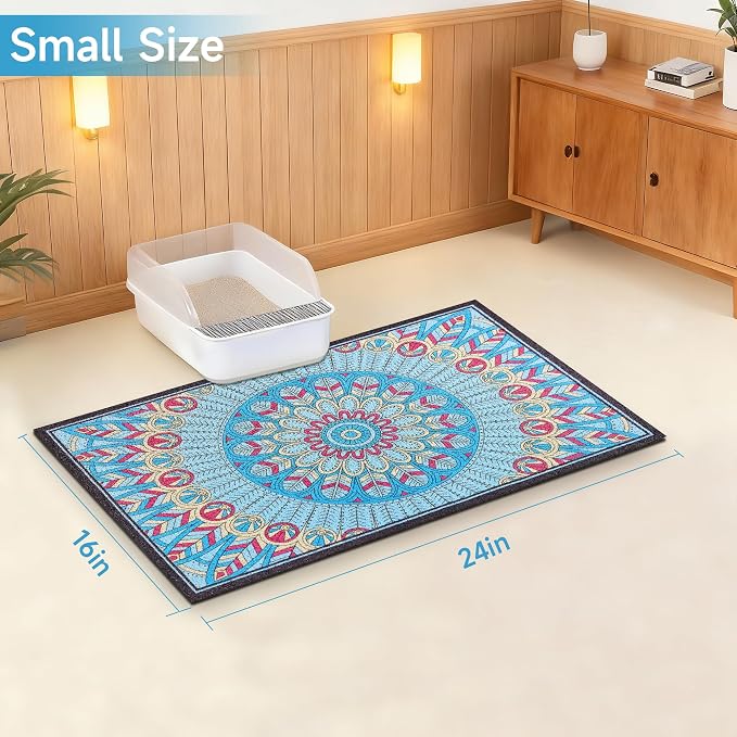 Cat Litter Mat, 24" x 16" Litter Box mat, Traps 100% Litter, Non-Slip Kitty Litter Trapping mats, Small Cute Litter mat, Easy Clean for Scatter Control, Bohe cat Food mat, Urine Waterproof - Image 7