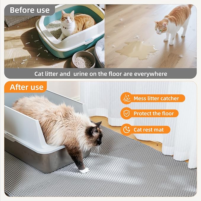 Cat Litter Mat 30"x21" Urine-Proof Small Litter Mat Litter Box Mat | Double Layer Honeycomb Cat Mat Soft EVA litter matt Fits Litter Boxes, kitty Litter mat Trapping Mat, Easy-Open Edge Grey - Image 5