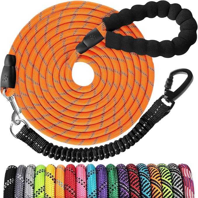 Long Dog Leash 15 FT: Heavy Duty Rope Leashes for Dogs Training with Swivel Lockable Hook Reflective Threads Bungee and Padded Handle - Dog Lead for Large Small Medium Dogs Outside Walking Hiking by jenico