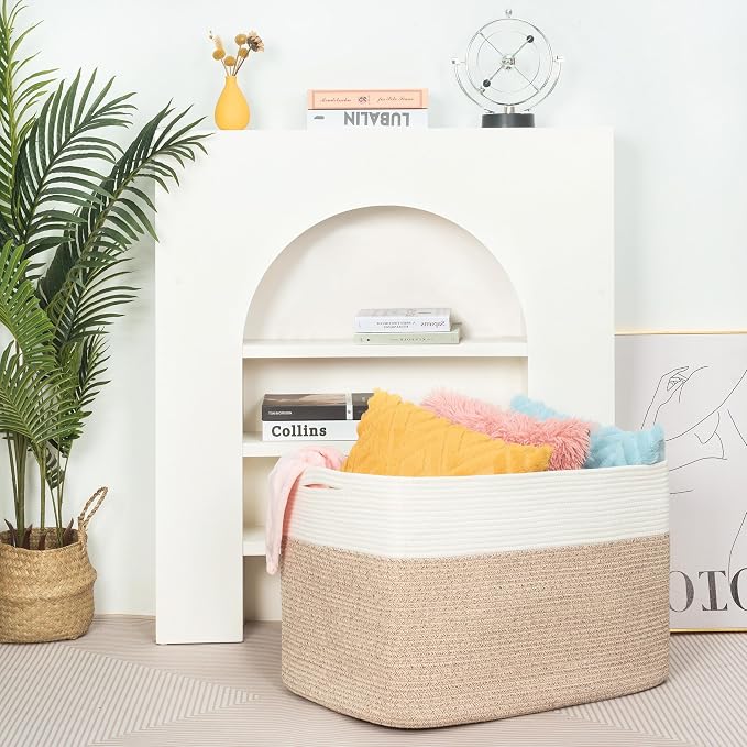 MINTWOOD Design 112L Extra Large Blanket Basket Holder Living Room, 25"x17"x16" Rectangle Rope Woven Storage Basket with Handles for Laundry, Pool Towels, Shoes, Dog Toy Organizer Bin Box, Light Brown - Image 6