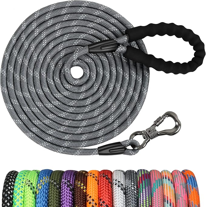 NTR Heavy Duty Dog Leash, 15FT Training Leash with Swivel Lockable Hook, Padded Handle and Highly Reflective Threads, Dog Lead for Walking, Hunting, Camping, Backyard for Small Medium Large Dog, Grey by NTR