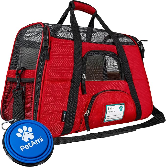 PetAmi Airline Approved Pet Carrier for Cats & Small Dogs, Large, Red | Soft Sided TSA Travel Bag, Sherpa Bed, Breathable Mesh Ventilation, Collapsible Bowl, Fits Under Seat, Up to 18 lbs by PetAmi