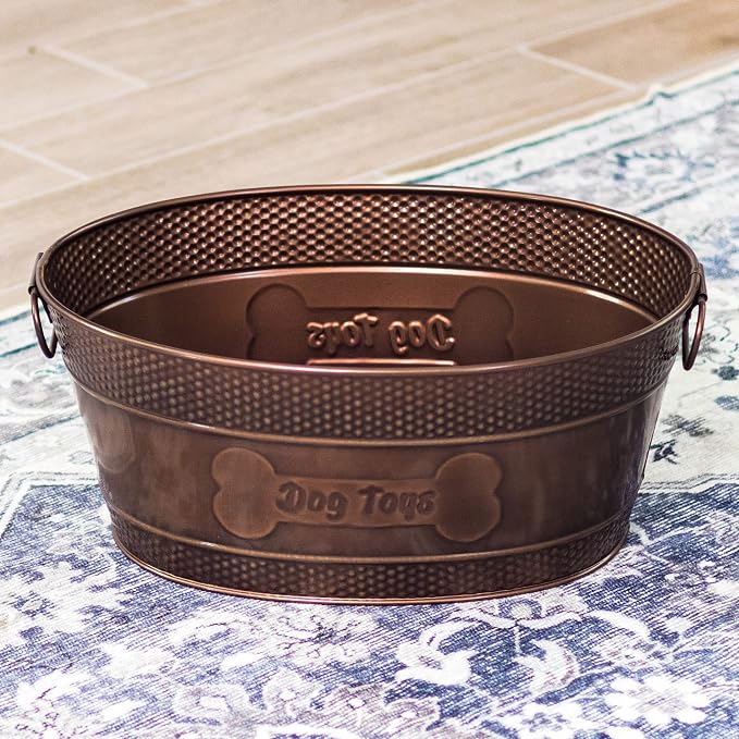 BREKX Copper Metal Pet Storage & Dog Toy Bin w/ Handles, Indestructible | Dog Toy Box • Galvanized Steel • Organizes Toys, Blankets & Leashes • Farmhouse Style - Image 7