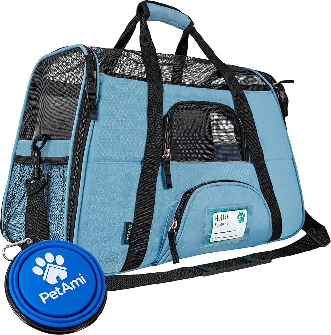 PetAmi Airline Approved Pet Carrier for Cats & Small Dogs, Large Light Blue | Soft Sided TSA Travel Bag, Sherpa Bed, Breathable Mesh Ventilation, Collapsible Bowl, Fits Under Seat, Up to 18 lbs by PetAmi