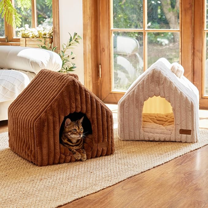 FUKUMARU Cat Bed Cave, Enclosed Washable Covered Dog Bed with Support Frame | Large Cat House for Indoor Cats, Cozy Cat Hideaway for Anxious Cats, Soft Plush Faux Fur Cat Tent Bed, Non-Slip Bottom - Image 8