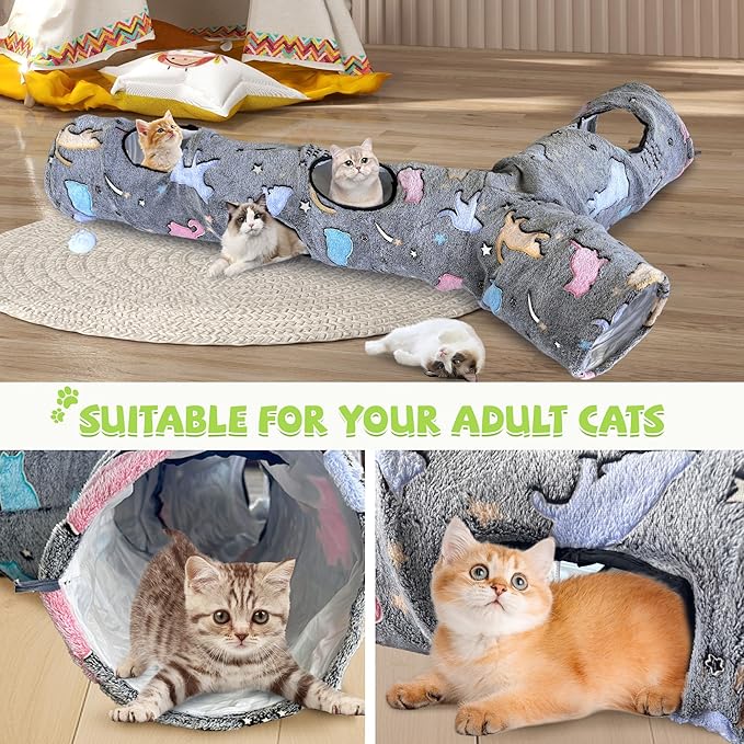 Cat Tunnels for Indoor Cats, Self-Luminous Cat Tunnel with Plush Ball, 3 Way Kitten Tunnel Collapsible, Cat Play Tunnel with Interactive Peephole for Large Cat, Puppy, Kitten - Image 5