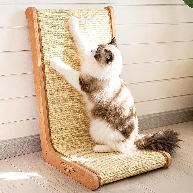 L-Shape Vertical Sisal Cat Scratcher, Solid Wooden(Large) | Natural Texture Satisfies Scratching Urge. Stable Tip-Resistant Base. Modern Furniture Look. Ideal For Indoor Active Cats by CHEERPALS