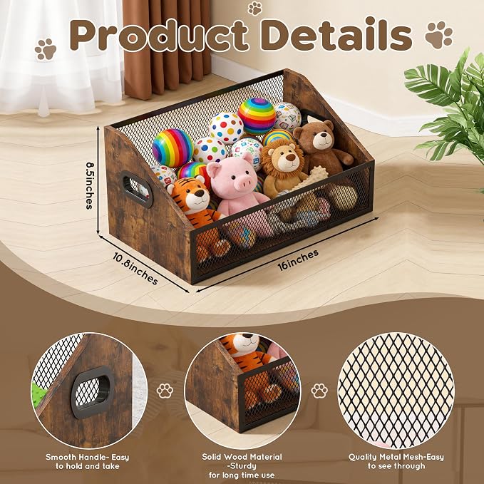 Piskyet Wood Dog Toy Bin, Dog Toy Box(Rustic Brown) | Wood Dog Toy Basket,Dogs Storage Organizer, Large Cat Toys Basket Box for Living Room Area Wooden Organizing Storage - Image 2