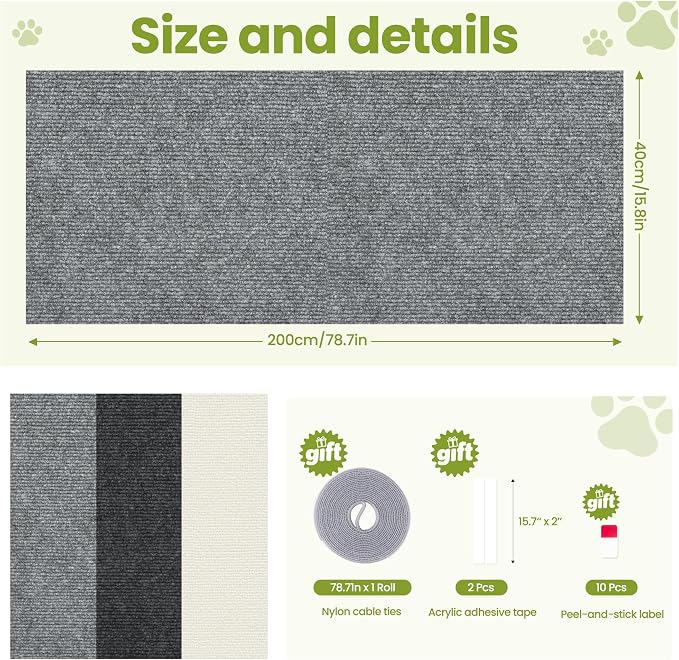 Cat Scratch Couch Furniture Protector, 78.7" x 15.8" Cat Scratcher Pad | Deterrent from Cats Claw Scratching, DIY Sisal Carpet Cat Proof Couch Cover Replacement for Indoor Sofa Wall Door, Light Grey - Image 6