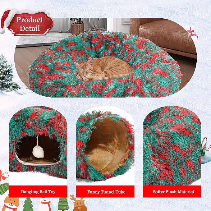 Warm Fluffy Plush Cat Tunnel Bed Under Christmas Tree Big Tube Playground Toys 3 FT Diameter Longer Crinkle Collapsible 3 Way, for Indoor Cat Kitty Kitten Puppy Rabbit Ferret Green-Red - Image 4