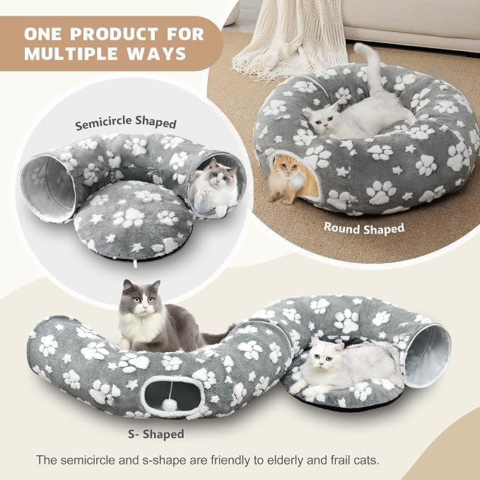 Cute Round Cat Tunnel for Indoor Cats, Grey | Peekaboo Cave with Dangling Balls, Pet Donut Tunnel Bed with Circle Mat for Puppy Kitten Rabbit - Image 2