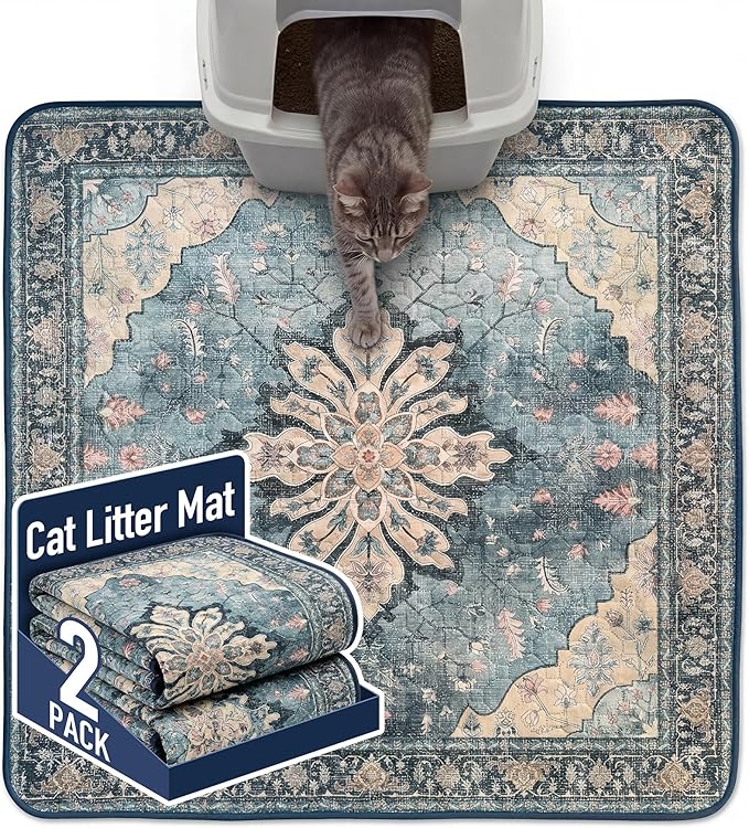 Hompet Cat Litter Mat 2 Pack, 36x36 Large Machine Washable Trapping Mats for Cats, Super Absorbent & Urine-Proof Cat Litter Box Mat for Floor, Waterproof & Non Slip Kitty Litter Rug by Hompet