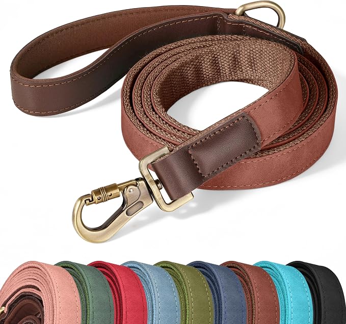 PU Leather Dog Leash for Large Dogs, 6ft Soft Padded Handle, Brown | Comfortable Grip for Daily Walking Training, Full Control, Metal D-ring, Tangle-Free 360° Swivel Clasp, Easy to Clean, 1 inch by Didog