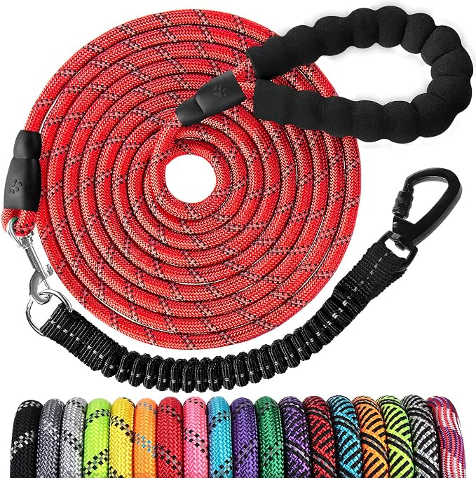 Long Dog Leash 15 FT: Heavy Duty Rope Leashes for Dogs Training with Swivel Lockable Hook Reflective Threads Bungee and Padded Handle - Dog Lead for Large Small Medium Dogs Outside Walking Hiking Red by jenico