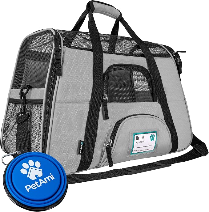 PetAmi Airline Approved Pet Carrier for Cats & Small Dogs, Large Light Gray | Soft Sided TSA Travel Bag, Sherpa Bed, Breathable Mesh Ventilation, Collapsible Bowl, Fits Under Seat, Up to 18 lbs by PetAmi