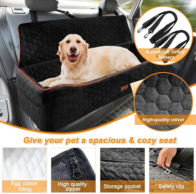 Dog Car Seat for Large Dogs Under 100LBS,Pet Booster Back Seat Removable Washable Pet Travel Safety with Safety Tethers & Storage Pocket (Black) - Image 3