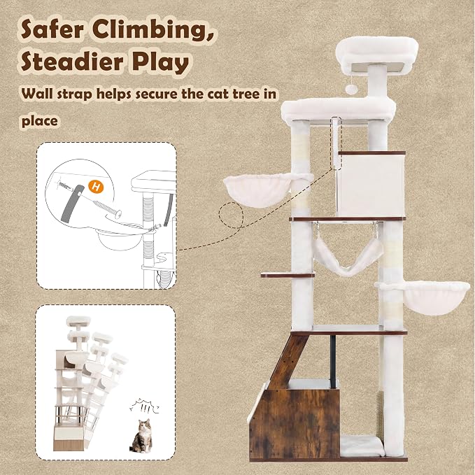 Heybly Wooden Cat Tree, 75" Cat Tower with Large Loft-Style Condo HCT123SR | Grooming Brush Cat Furniture with Side Scratch Area, Climb Stairs, Hammock, 2 Baskets, Dual Perches, Easy Clean, Rustic Brown - Image 6
