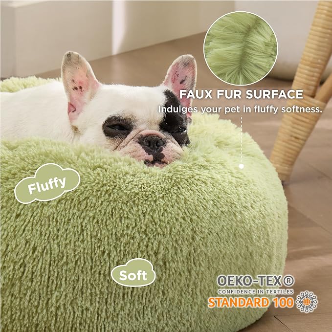 Bedsure Calming Small Dog Bed Donut Washable Cat＆Puppy Bed,23 inches Green | Fluffy Faux Fur Round Cuddler,Machine Washable,Anti-Slip Bottom,Anti-Anxiety,Deep Sleeping for Large Cat & Pets Up to 25 Lbs - Image 2