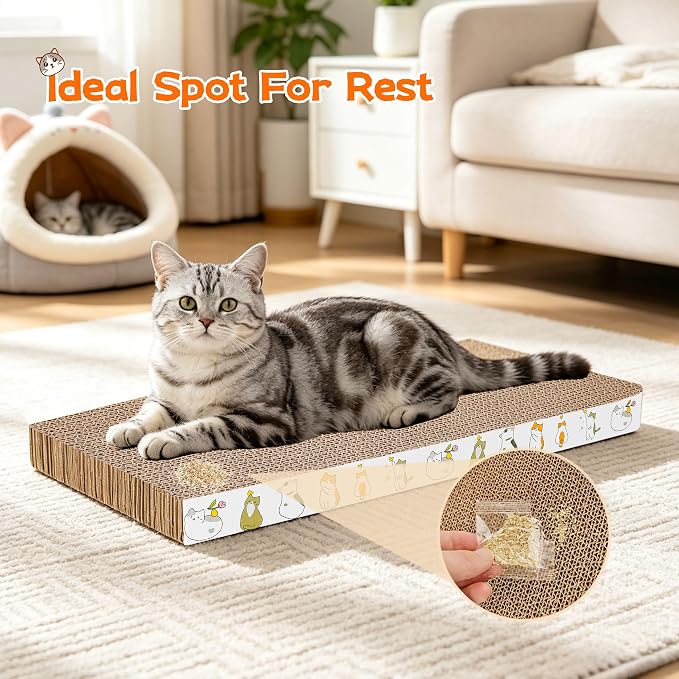 PatiencET Cat Scratcher Cardboard Pads, 4-Pack Mixed Flat and Wavy | Flat and Curved Profiles, Four-Piece Variety, Stretching and Lounging, Catnips Included - Image 7