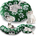 Cute Round Cat Tunnel for Indoor Cats, Green Flower | Peekaboo Cat Cave with Dangling Balls, Pet Donut Tunnel Bed with Circle Mat for Puppy Kitten Rabbit by Yaning