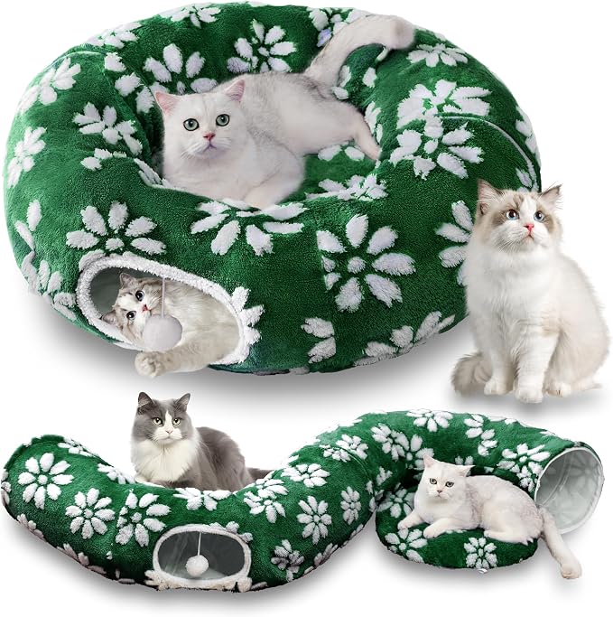 Cute Round Cat Tunnel for Indoor Cats, Green Flower | Peekaboo Cat Cave with Dangling Balls, Pet Donut Tunnel Bed with Circle Mat for Puppy Kitten Rabbit by Yaning