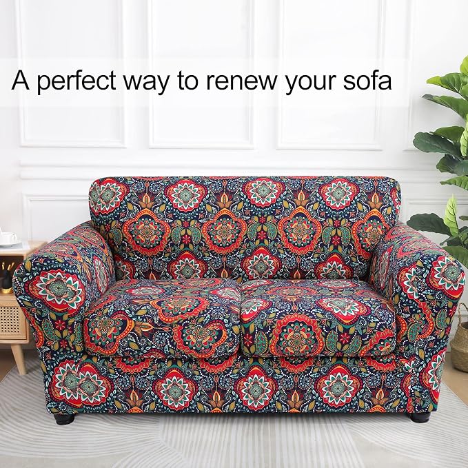 hyha Stretch Couch Cover, Sofa Covers for 2 Separate Cushion Couch Washable | Loveseat Cover, Floral Pattern, Printed, 3 Pieces, 2 Seater Furniture Protector with Elastic Bottom for Dogs, Pet Friendly - Image 8