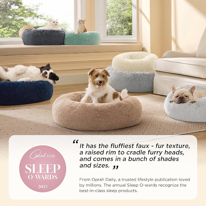 Bedsure Calming Cat Beds Donut Round Washable Kitten Bed,20 inches | Fluffy Faux Fur Cuddler,Anti-Slip Bottom,Anti-Anxiety,Deep Sleeping for Cats&Small Pets Up to 15 Lbs,Pale Grey - Image 2