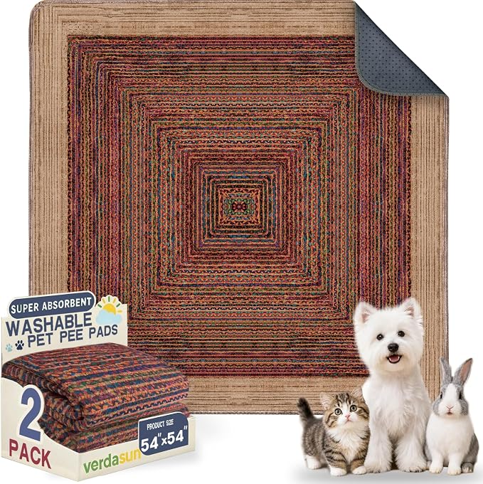 Washable Pee Pads for Dogs, Reusable Puppy Potty Training Pads, Ultra-Absorbent Thick Waterproof Leak-Proof Non-Slip Pads & Mat for Crate, Playpen, Floor, Whelping & Housebreaking , 2 Pack 54"x54" by Verdasun