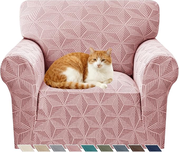 YEMYHOM 1 Piece Stretch Chair Sofa Slipcovers Couch Covers for 1 Seat, Jacquard Armchair Covers with Non-Slip Elastic Bottom, Thickened Furniture Protector for Dogs Pets kids (Small, Pink） by YEMYHOM