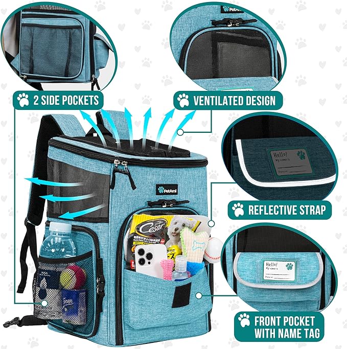 PetAmi Dog Backpack Carrier, Airline Approved 4-Way Entry Cat Backpack Carrier, Ventilated Mesh, Collapsible Pet Carrier for Small Puppy, Kitten, Hiking, Travel Car, Vet, up to 18 lbs, Turquoise - Image 4