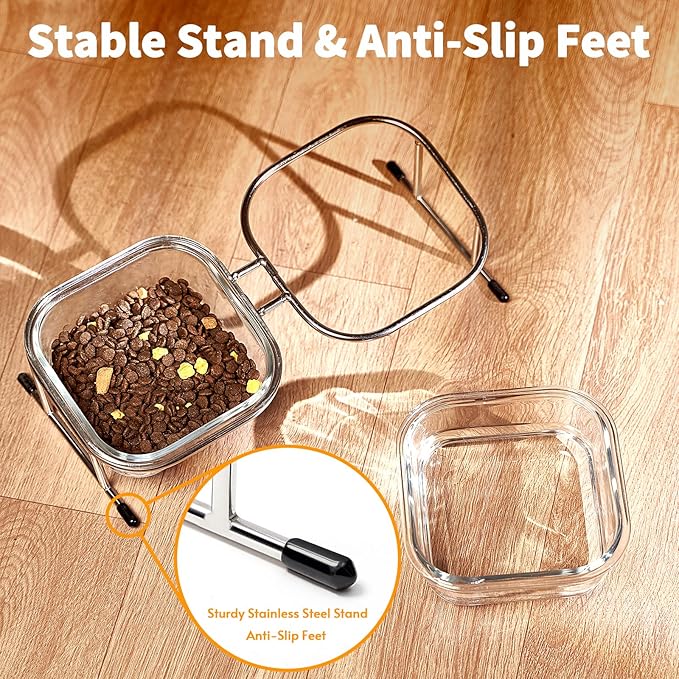 Elevated Cat Bowls, 15° Tilted Glass Raised Cat Food and Water Bowl | Stainless Steel Stand, 2 Large Capacity Glass Cat Bowls and 4 Anti Slip Feet, Suitable for Cats and Little Dogs - Image 3