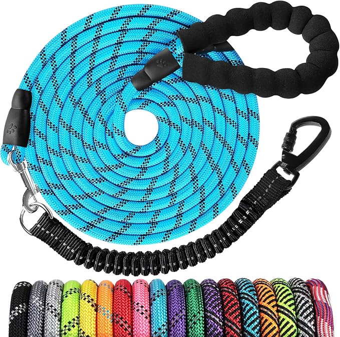 Long Dog Leash 30 FT: Heavy Duty Rope Leashes for Dogs Training with Swivel Lockable Hook Reflective Threads Bungee and Padded Handle - Dog Lead for Large Small Medium Dogs Outside Walking Hiking Blue by jenico