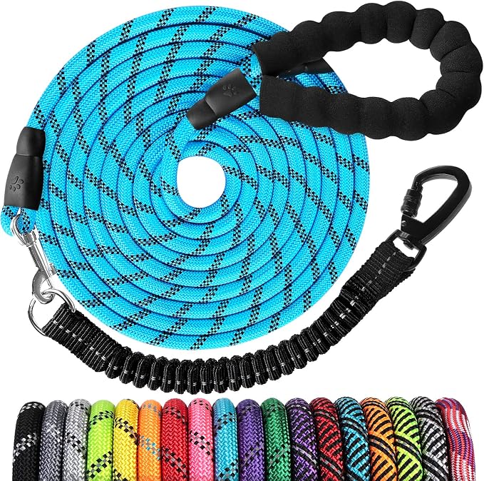 Long Dog Leash 15 FT: Heavy Duty Rope Leashes for Dogs Training with Swivel Lockable Hook Reflective Threads Bungee and Padded Handle - Dog Lead for Large Small Medium Dogs Outside Walking Hiking Blue by jenico