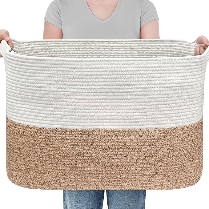 MEGASKET 108L Super Large Blanket Basket, 25" x 16" x 16" Woven Jumbo Basket for Blankets, Toys, Laundry, Extra Large Cotton Rope Pillow Holder Organizer, Entryway Shoes Bin, Living Room Storage by MEGASKET