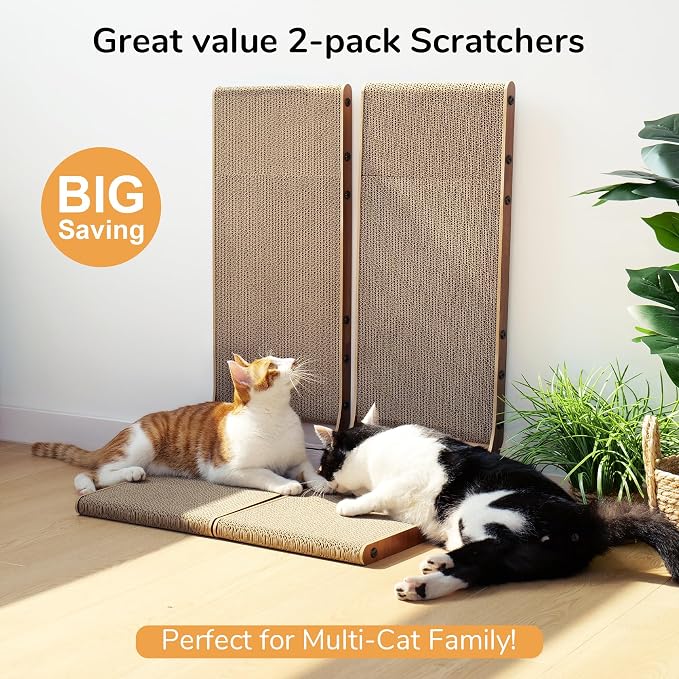 FUKUMARU Cat Scratcher for Indoor Cats, 26.8 Inch Cat Scratch Pad L Shaped | 2 Packs Cardboard Cat Scratcher, Vertical Cat Scratching Board with Ball Toy, Walnut Color - Image 2